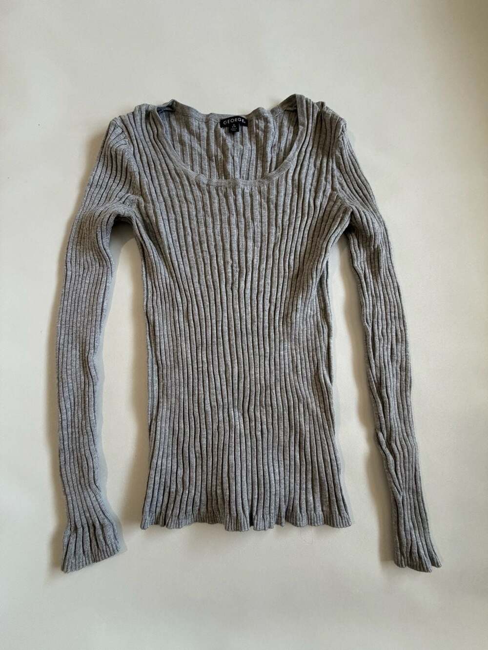 George Gray Ribbed Knit Long Sleeve Top M 8-10 Y2K Scoop Neck Basic
